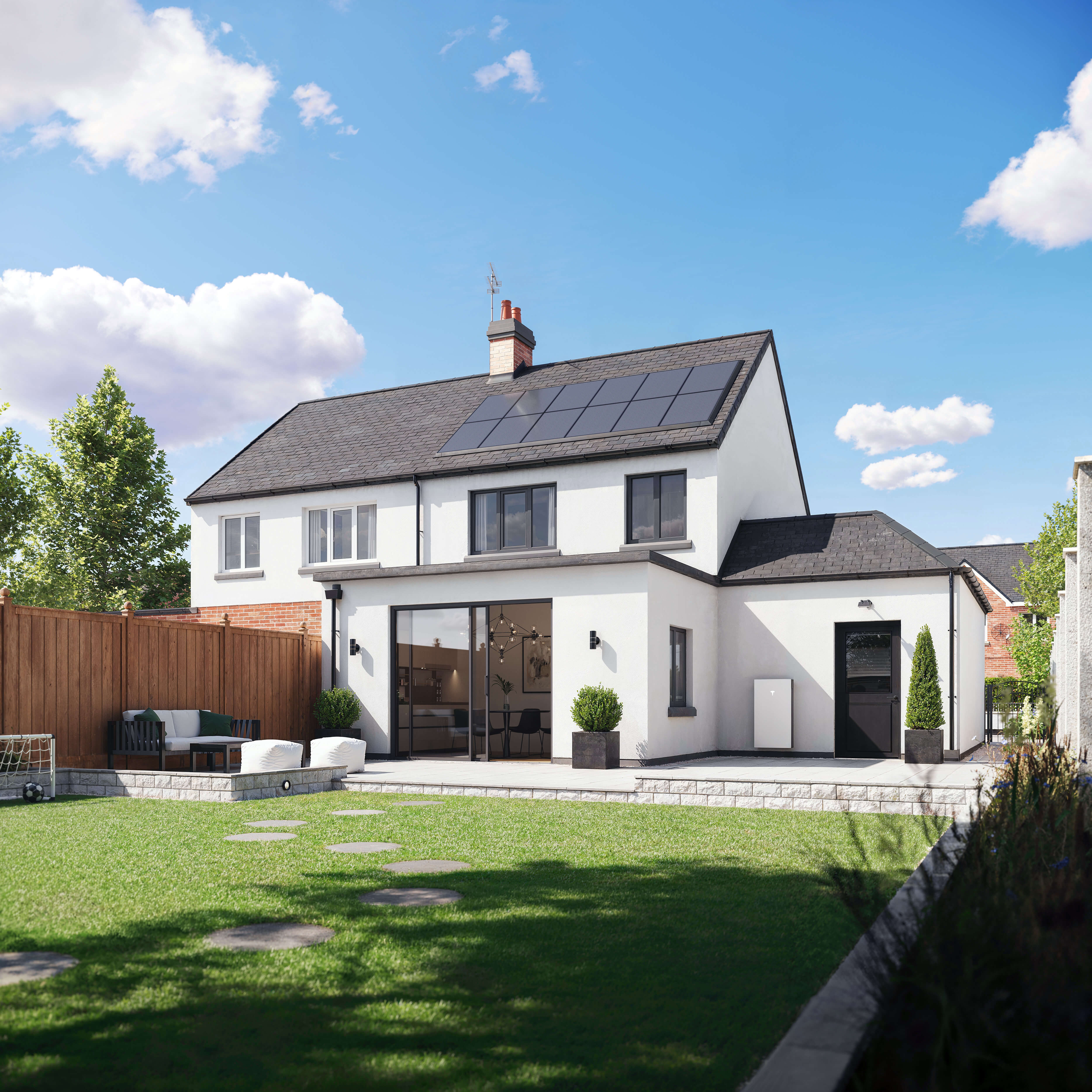 Modern home with solar panels and Tesla Powerwall battery storage